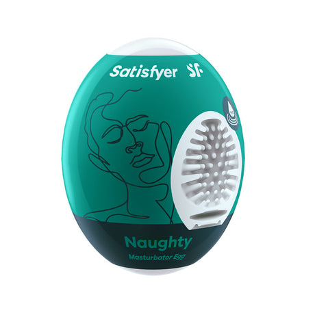 The Satisfyer Masturbator Egg—Naughty—White Stroker Sleeve comes in a sleek, egg-shaped package with an abstract face drawing. This travel-friendly stroker features a textured circular opening and cyber-skin touch, adorned with sound wave icons.