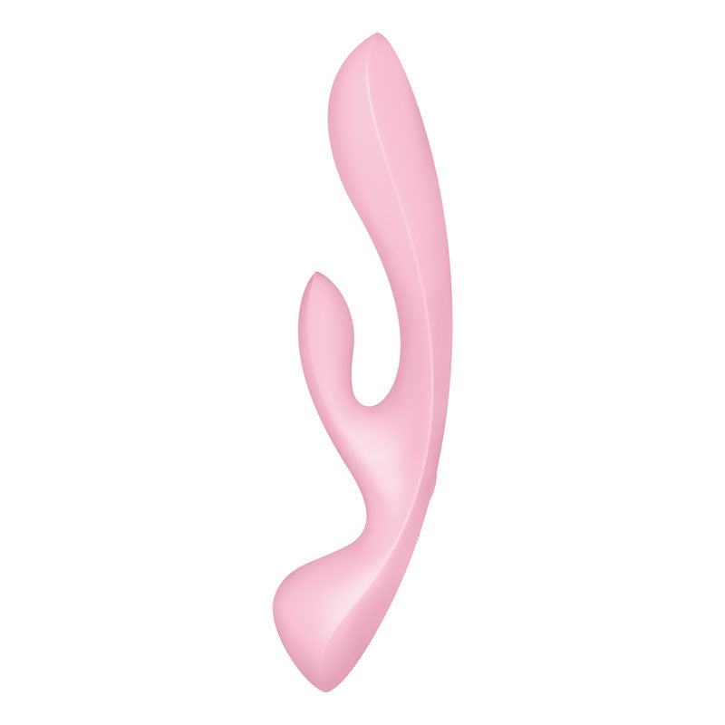 The Satisfyer Triple Oh - Pink is a USB rechargeable dual-motor rabbit vibrator featuring a smooth, ergonomic design with a long main shaft and curved clitoral stimulator, crafted for ultimate comfort and pleasure.