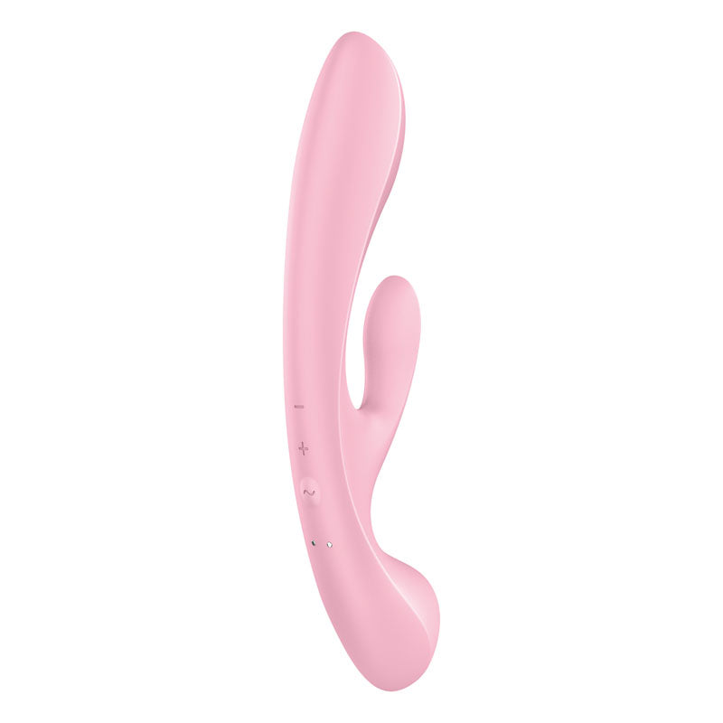 The Satisfyer Triple Oh is a pink USB rechargeable rabbit vibrator with a sleek, smooth design. It has a curved dual-stimulation feature, consisting of a larger main shaft and smaller appendage, all controlled with simple plus, minus, and power buttons.