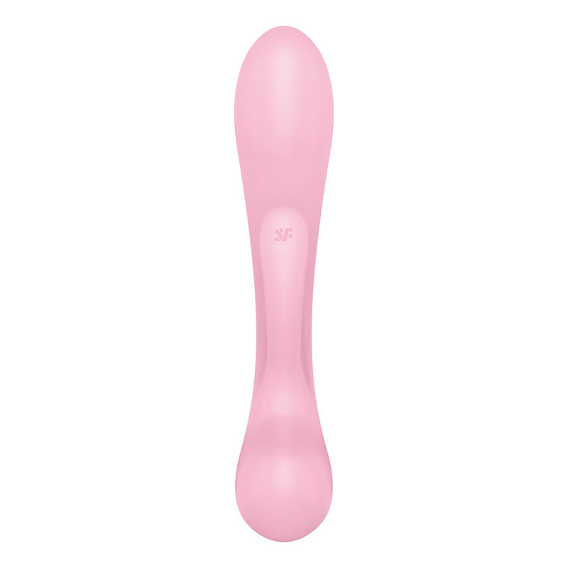 A sleek, modern Satisfyer Triple Oh - Pink USB Rechargeable Rabbit Vibrator in light pink features a double-ended, body-safe silicone design with rounded ends and a tapered middle. The smooth, symmetrical appearance includes a subtle Triple Oh logo at the center against a plain white background.