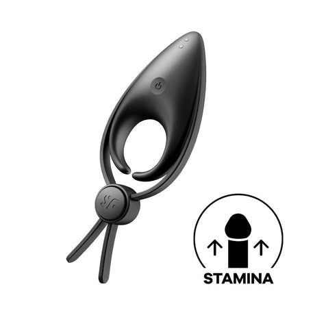 The Satisfyer Sniper - Black is a modern vibrating adjustable lasso cock ring with an ergonomic design and textured grip, featuring an upward arrow and STAMINA for enhanced performance. Its waterproof, perfect for underwater fun.