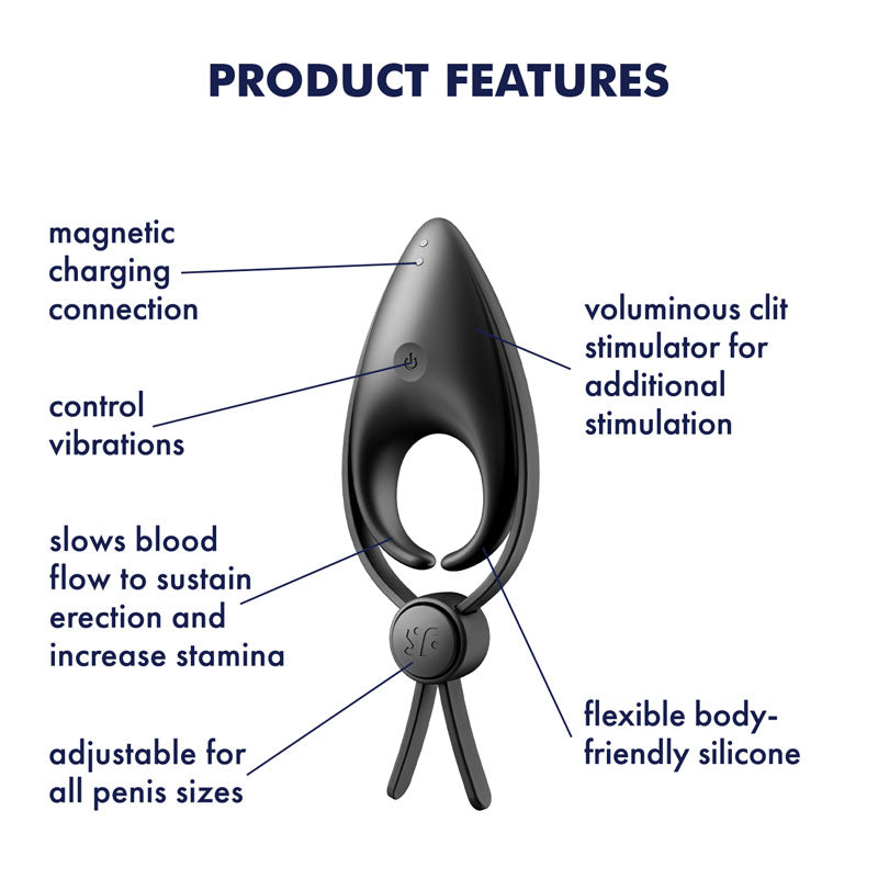 Explore the Satisfyer Sniper, an adjustable black vibrating lasso cock ring. It features magnetic charging, a large clit stimulator, and slows blood flow to enhance erection and stamina. Crafted from flexible, body-friendly silicone for ultimate wellness.