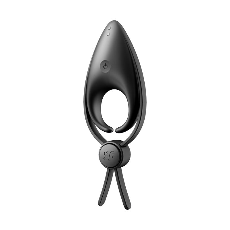 The Satisfyer Sniper vibrating adjustable lasso cock ring in black has a sleek silicone oval design with a central on/off button. Its waterproof, features an open bottom design with an adjustable strap and circular clasp, and includes two small indicator lights near the tip for convenience.