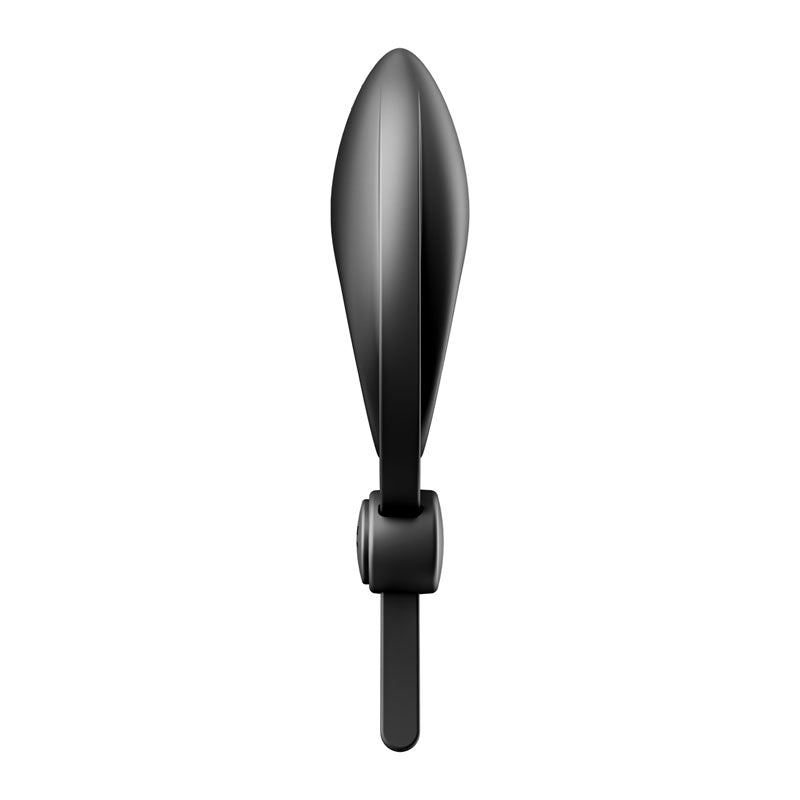 A sleek, black bicycle seat viewed from the side against a white background. Its streamlined design includes a narrow, elongated shape with smooth contours. Similar to the durable and comfortable Satisfyer Sniper - Black Vibrating Adjustable Lasso Cock Ring, its mounted on a bracket with a visible attachment bar underneath.