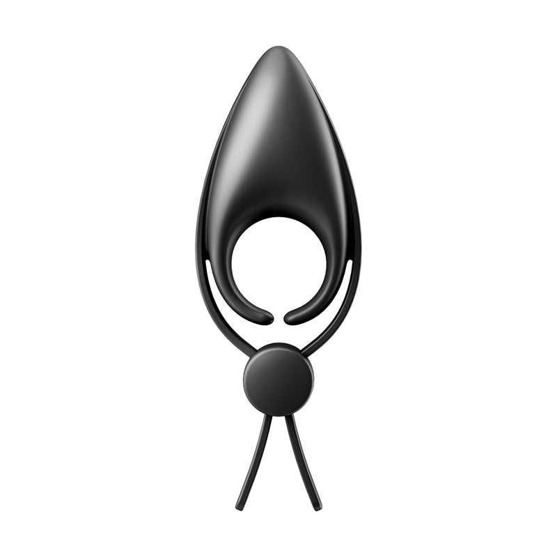 A black, abstract minimalist sculpture features a figure with an elongated oval head, arched arms, and a small circular body with two legs resembling the modern art elegance of the Satisfyer Sniper - Black Vibrating Adjustable Lasso Cock Ring.