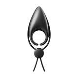 A black, abstract minimalist sculpture features a figure with an elongated oval head, arched arms, and a small circular body with two legs resembling the modern art elegance of the Satisfyer Sniper - Black Vibrating Adjustable Lasso Cock Ring.