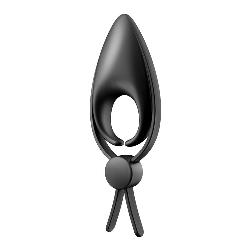 The Satisfyer Sniper, a black vibrating adjustable lasso cock ring, features a sleek design with tall legs that resemble modern tongs or tweezers. Its open circular section at the top functions like an adjustable ring, while the base features a circular hinge for versatile grip.