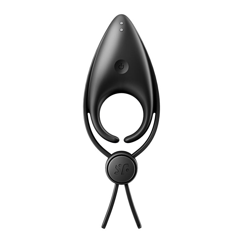 The Satisfyer Sniper - Black is a stylish black silicone lasso cock ring with an oval body, circular opening, flexible extensions, power button, and two indicator lights. It features an embossed logo and adjustable straps, resembling a sophisticated tech gadget.