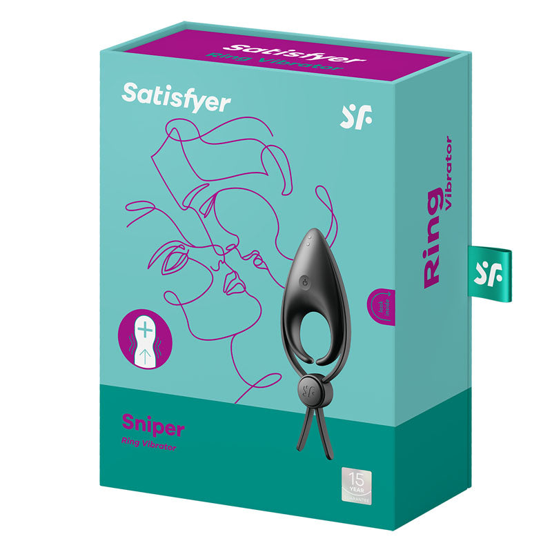 The box of the Satisfyer Sniper - Black Vibrating Adjustable Lasso Cock Ring is set against a white background. Its teal packaging with purple accents shows a line drawing of two faces kissing, featuring a black image of the waterproof vibrator and highlights 15 years warranty and 15 vibration modes.