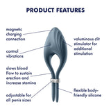 An image of the Satisfyer Duelist in dark gray shows its body-safe silicone design, featuring magnetic charging, vibration control, a voluminous clit stimulator, and adjustable size to suit all penis types. This flexible lasso cock ring helps sustain erection by slowing blood flow.