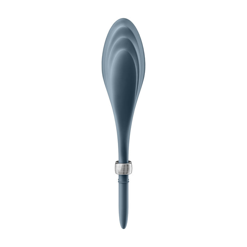 The Satisfyer Duelist - Dark Blue Vibrating Adjustable Lasso Cock Ring is a sleek, leaf-shaped object made from body-safe silicone, featuring a metallic band at the base. Its design resembles a fountain pen nib or abstract sculpture with flowing curves and a modern aesthetic against a plain white background.