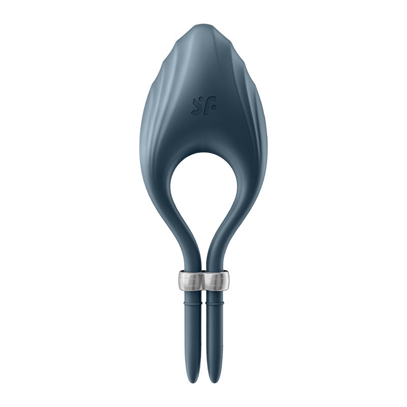 The Satisfyer Duelist in dark blue features a leaf-shaped design made of body-safe silicone, with a prominent opening and two prongs at the bottom encircled by silver rings. An embossed logo near the top enhances this stylish and modern vibrating adjustable lasso cock ring.