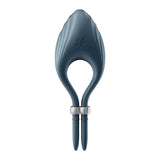 The Satisfyer Duelist in dark blue features a leaf-shaped design made of body-safe silicone, with a prominent opening and two prongs at the bottom encircled by silver rings. An embossed logo near the top enhances this stylish and modern vibrating adjustable lasso cock ring.