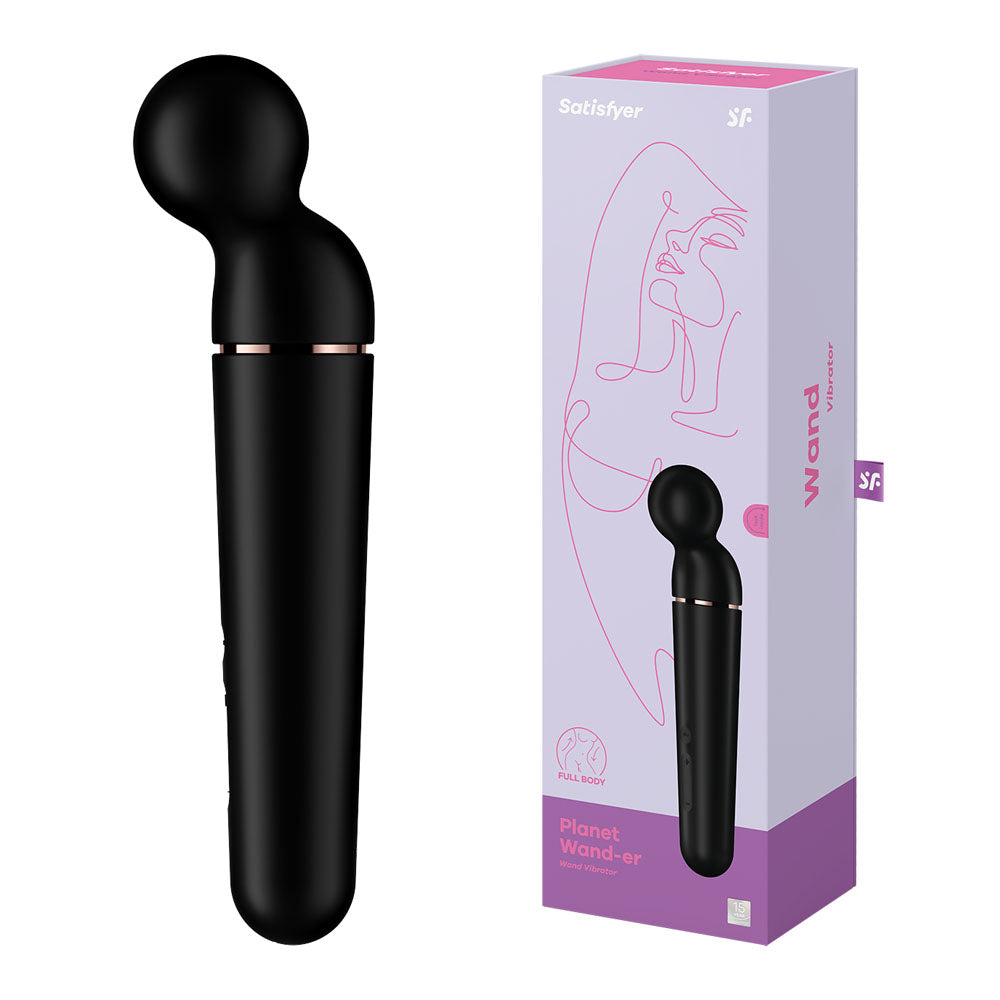 The image highlights a black Satisfyer Planet Wand-er massager with a rounded head and its packaging. The box in white and pink shows a minimalist line drawing, the name Planet Wand-er, Satisfyer, and icons for its waterproof design, suitable for full body use.