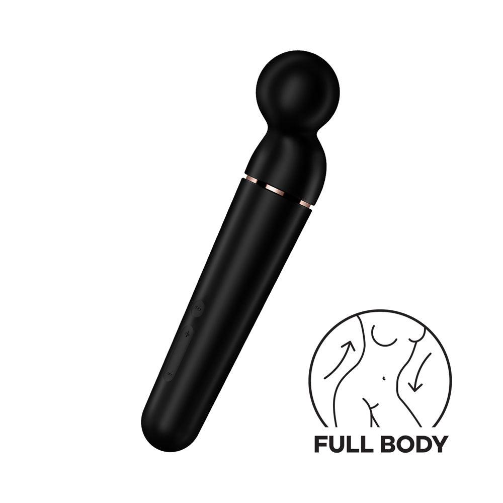 The Satisfyer Planet Wand-er USB Rechargeable Massager Wand in black with rose gold accents features a sleek design and rounded head. Its waterproof for easy use, and a body diagram with arrows shows its full-body application areas.