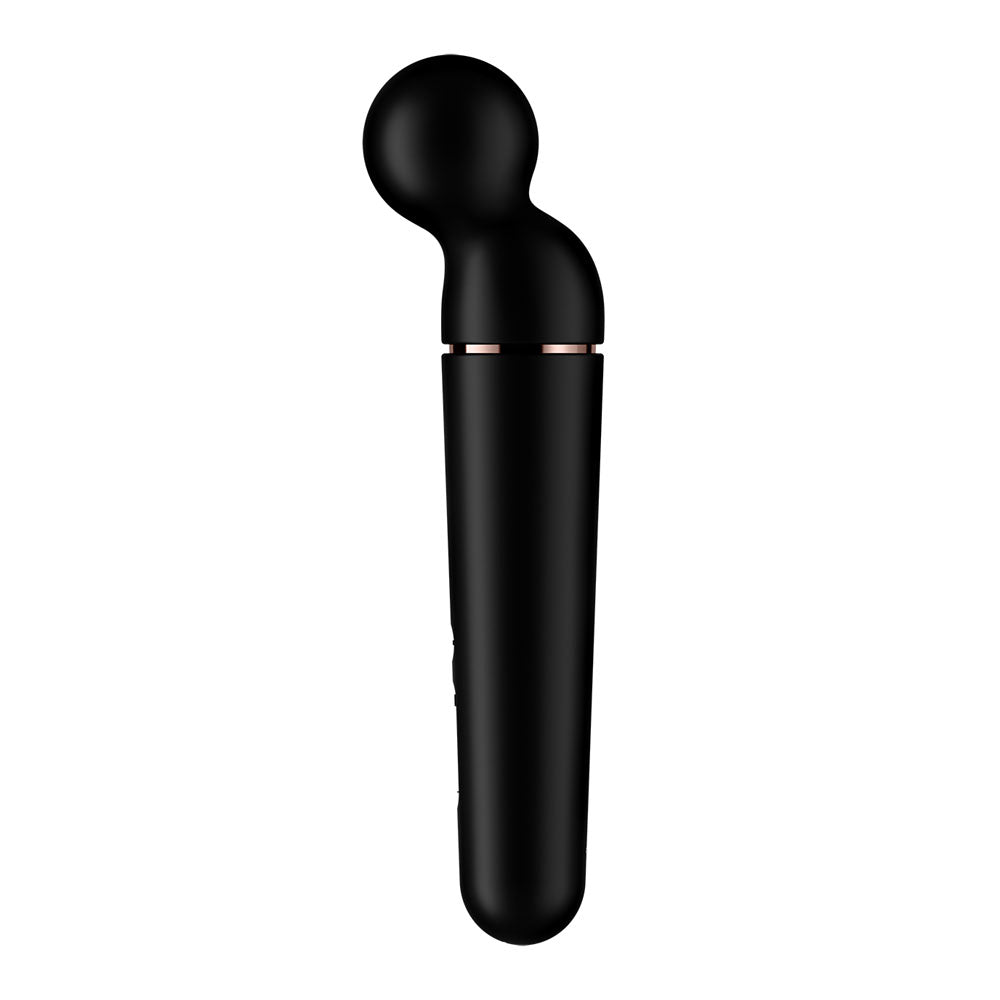 The Satisfyer Planet Wand-er is a black handheld massager wand with a gently curved cylindrical body, rounded head, and rose gold accents. It features a waterproof matte finish, perfect for soothing relaxation.