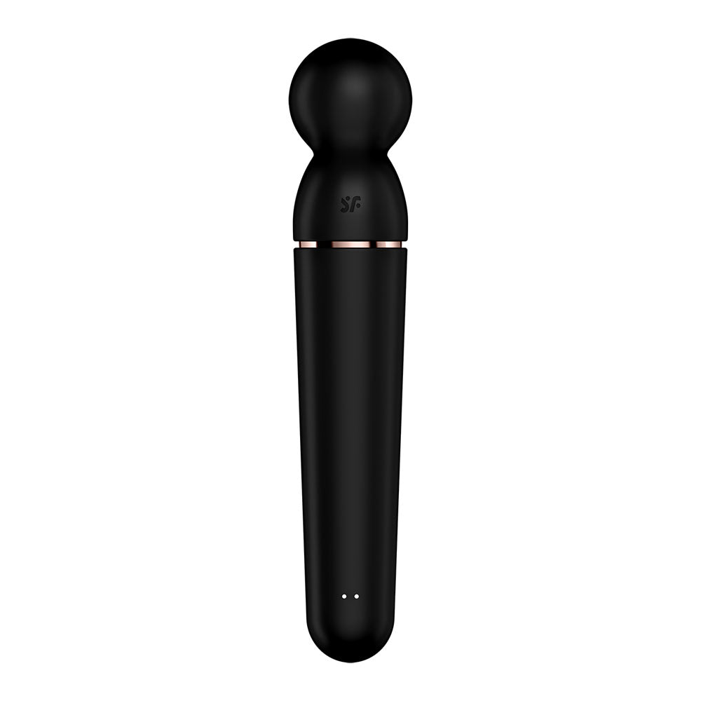 The Satisfyer Planet Wand-er in black and rose gold is a sleek USB rechargeable wand massager with a smooth, rounded head for clitoral stimulation. Its tapered body features two small indicator lights at the bottom, making it perfect for personal massage use.