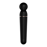 The Satisfyer Planet Wand-er in black and rose gold is a sleek USB rechargeable wand massager with a smooth, rounded head for clitoral stimulation. Its tapered body features two small indicator lights at the bottom, making it perfect for personal massage use.