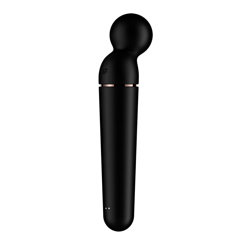 The Satisfyer Planet Wand-er in black with rose gold accents is a sleek handheld massager featuring a cylindrical body and a rounded top for clitoral stimulation. It features two indicator lights, offering a modern and sophisticated look. USB rechargeable.