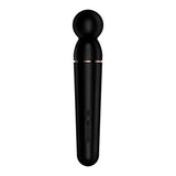 The Satisfyer Planet Wand-er in Black/Rose Gold is a handheld massager with a large rounded head and smooth handle. It offers clitoral stimulation, features a sleek design, metallic accent at the joint, and has control buttons on the front.