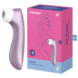 The image displays a Satisfyer Pro 2+ Purple, a touch-free USB-rechargeable clitoral stimulator with vibration. The packaging features an illustration of a woman’s face in pink and purple, and the waterproof IPX7 device includes Air-Pulse Technology with a white nozzle.