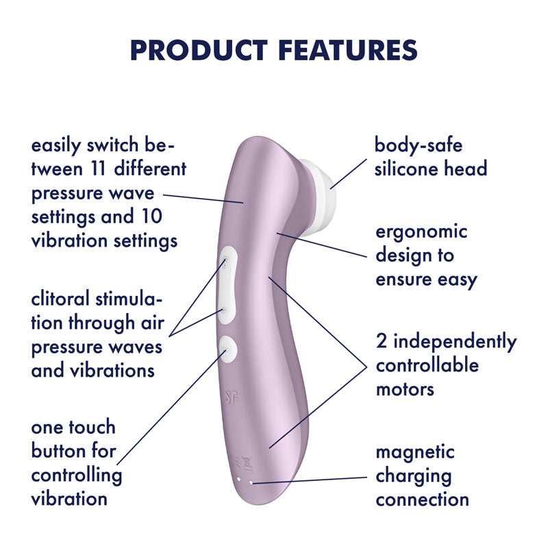 The Satisfyer Pro 2+ Purple features a body-safe silicone head, Air-Pulse Technology for clitoral stimulation, 11 pressure wave settings, 10 vibration modes, dual controllable motors, waterproof IPX7 rating, one-touch control button, and a magnetic charging connection.