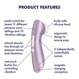 The Satisfyer Pro 2+ Purple features a body-safe silicone head, Air-Pulse Technology for clitoral stimulation, 11 pressure wave settings, 10 vibration modes, dual controllable motors, waterproof IPX7 rating, one-touch control button, and a magnetic charging connection.