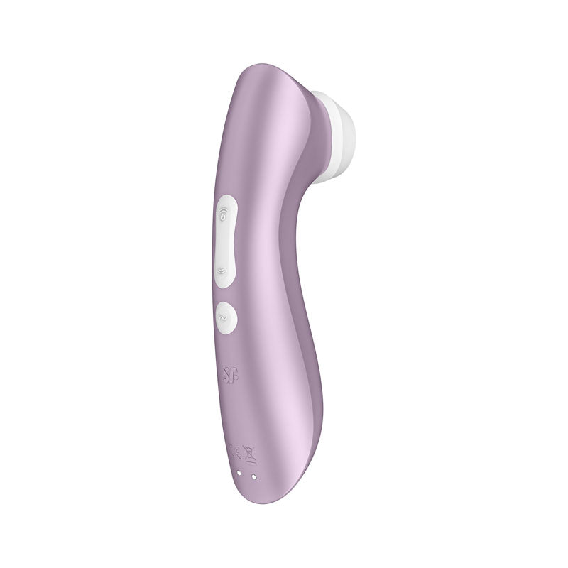 The Satisfyer Pro 2+ Purple is a sleek, purple clitoral stimulator with a white silicone head, an ergonomic handle, and three buttons. Its smooth design emphasizes comfort and efficiency, boasting waterproof IPX7 capabilities for versatile usage.