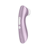 The Satisfyer Pro 2+ Purple is a sleek, purple clitoral stimulator with a white silicone head, an ergonomic handle, and three buttons. Its smooth design emphasizes comfort and efficiency, boasting waterproof IPX7 capabilities for versatile usage.