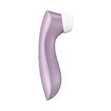 A side view of the Satisfyer Pro 2+ Purple, a sleek handheld clitoral stimulator, shows its curved design. Featuring Air-Pulse Technology and a white rounded tip, it is waterproof (IPX7) and has two side buttons for personal care.