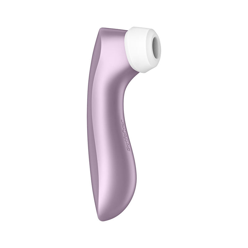 The Satisfyer Pro 2+ Purple, a lavender ergonomic personal care device with Air-Pulse Technology and a white silicone nozzle, boasts smooth curves for easy grip. The subtle brand embossing adds elegance to its design against a plain white backdrop.