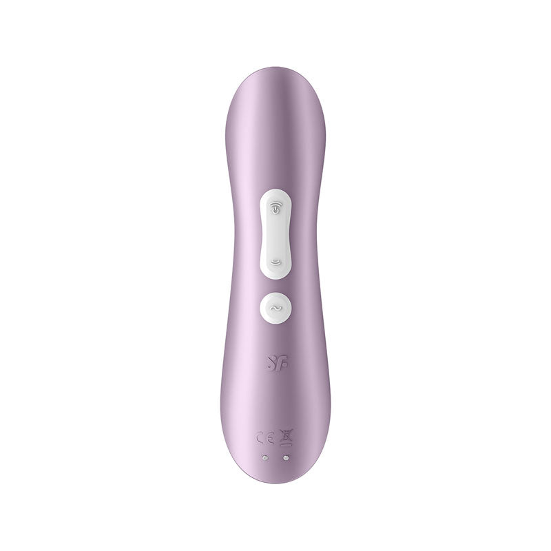 The Satisfyer Pro 2+ Purple is a sleek, lavender touch-free USB-rechargeable clitoral stimulator featuring vibration for enhanced pleasure. It has two round white buttons, a central oval button, butterfly logo, safety markings, and a smooth finish.