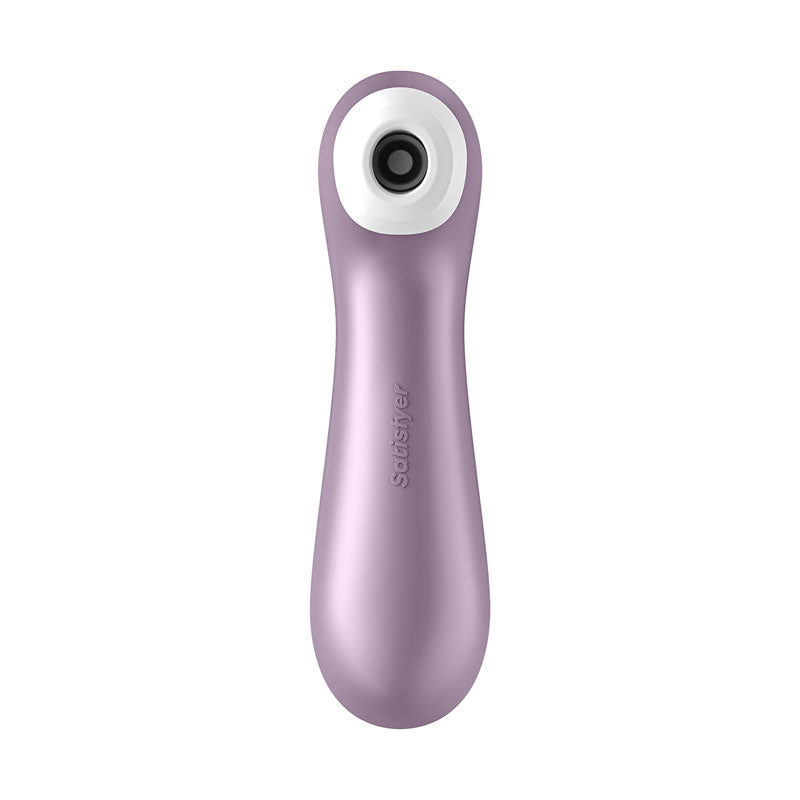 The image shows a purple Satisfyer Pro 2+ clitoral stimulator with Air-Pulse Technology and vibration. Its sleek design includes a smooth surface and white circular tip for targeted stimulation, with Satisfyer subtly embossed on the front. Its USB-rechargeable and touch-free.