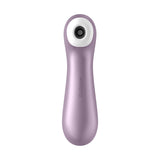 The image shows a purple Satisfyer Pro 2+ clitoral stimulator with Air-Pulse Technology and vibration. Its sleek design includes a smooth surface and white circular tip for targeted stimulation, with Satisfyer subtly embossed on the front. Its USB-rechargeable and touch-free.