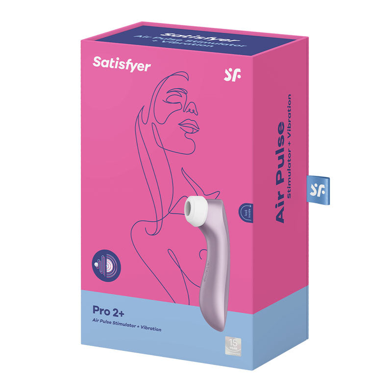 The Satisfyer Pro 2+ Purple, with purple touch-free design and USB-rechargeable feature, boasts Air-Pulse Technology and clitoral stimulation options. Its packaging showcases a continuous line drawing and stimulator image. Its IPX7 waterproof with a 15-Year Warranty.