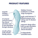 Image of the Satisfyer Curvy Trinity 5 in light blue, showcasing features like a magnetic charging connection, air pressure waves, ergonomic design, smooth silicone surface, Satisfyer Connect compatibility, 11 pressure wave settings, 10 vibration settings, and 2 motors.