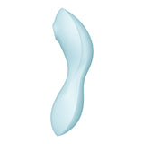 The Satisfyer Curvy Trinity 5 is a light blue, ergonomic, S-shaped stimulator with gentle curves for easy grip. Its smooth surface and slightly protruding area on the left side near the top suggest its a personal care device. USB rechargeable and app-controlled for added convenience.