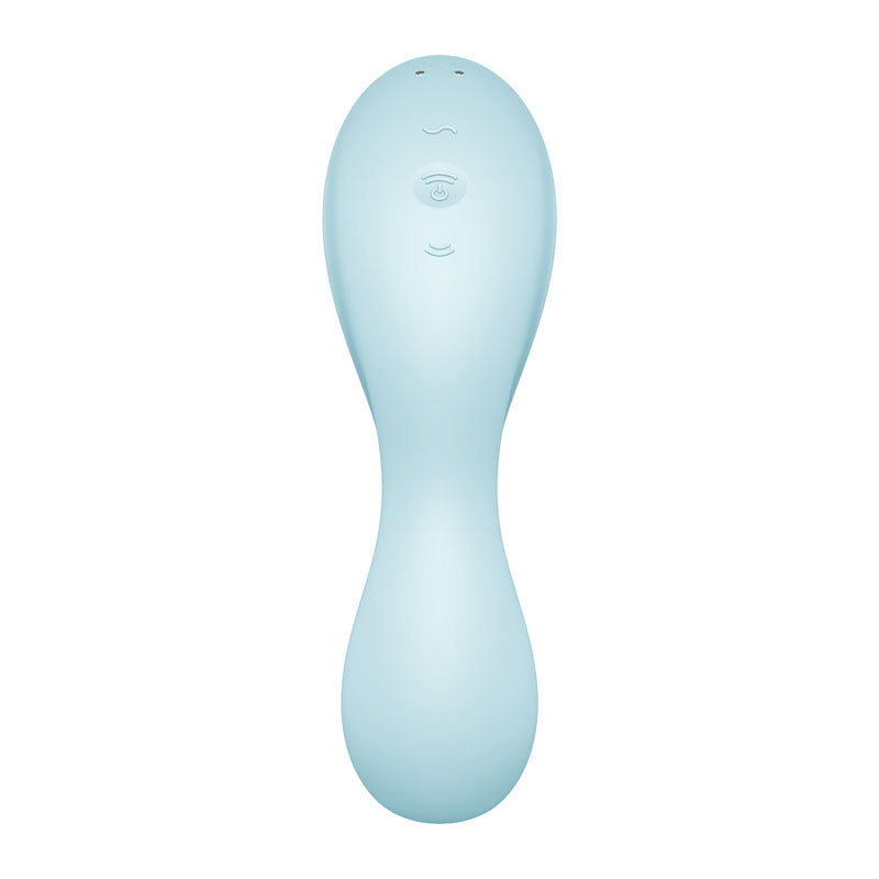 The Satisfyer Curvy Trinity 5 in pale blue is a sleek, modern gadget with an ergonomic handheld design, smooth curves, and a textured grip. It features three symmetrically aligned control buttons and is USB rechargeable with app control functionality.