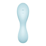 The Satisfyer Curvy Trinity 5 in pale blue is a sleek, modern gadget with an ergonomic handheld design, smooth curves, and a textured grip. It features three symmetrically aligned control buttons and is USB rechargeable with app control functionality.