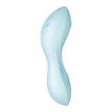 The Satisfyer Curvy Trinity 5 - Blue is a teal, USB rechargeable air pulse stimulator and vibrator with app control. It has an ergonomic design with two bulbous ends, a smooth surface, and subtle control symbols on top for ease of use. The sleek and modern look ensures comfort.