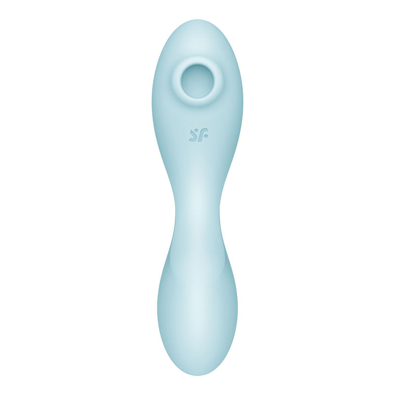 The Satisfyer Curvy Trinity 5 is an ergonomic, light blue, oval-shaped stimulator and vibrator with a small circular opening. Its smooth surface features a subtle logo near the top, boasting a sleek, modern design prioritizing comfort and functionality with USB rechargeability and app control.