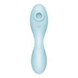 The Satisfyer Curvy Trinity 5 is an ergonomic, light blue, oval-shaped stimulator and vibrator with a small circular opening. Its smooth surface features a subtle logo near the top, boasting a sleek, modern design prioritizing comfort and functionality with USB rechargeability and app control.