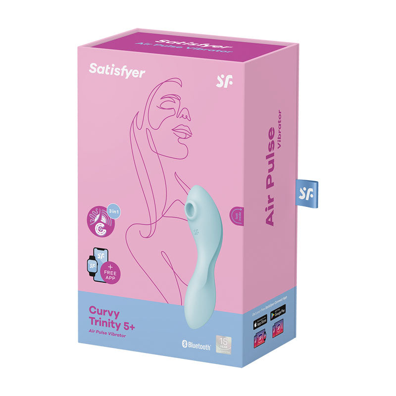 The Satisfyer Curvy Trinity 5, in blue packaging, displays a line drawing of a womans face alongside the vibrators image. It highlights features like Bluetooth and app compatibility, waterproof design, and USB charging.