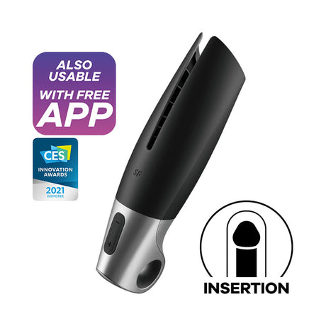 Image of the stylish black Satisfyer Power Masturbator, a USB rechargeable device with app control. The CES Innovation Awards 2021 Honoree logo is shown. An INSERTION icon highlights its Bluetooth-enabled feature for advanced penile stimulation.