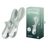 Two mint-green silicone anal vibrators with white bases and control buttons, showcasing an inflatable shaft, are beside their box. The teal packaging features Satisfyer Air Pump Booty 3, illustrating the vibrator ideal for anal training with customizable vibrations.