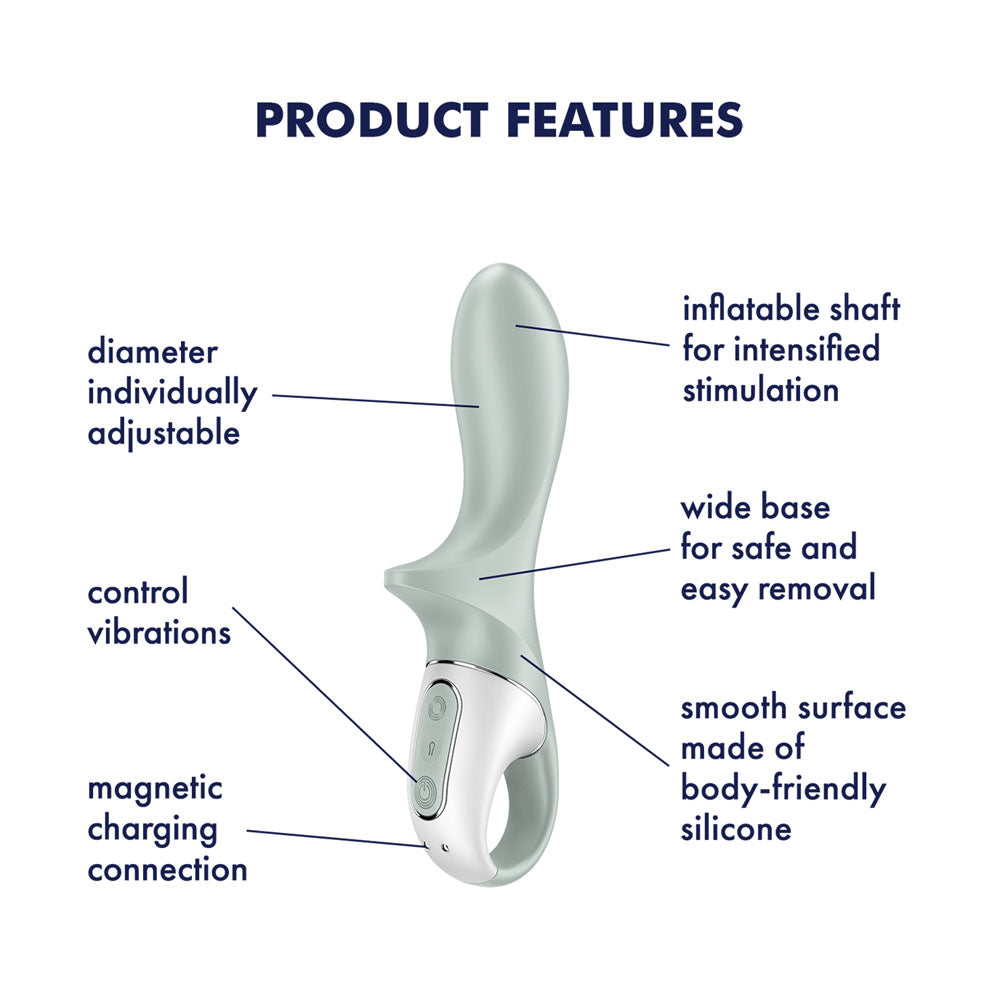 The product image features the Satisfyer Air Pump Booty 3, an inflatable anal vibrator with an adjustable shaft, customizable vibrations, magnetic USB charging, and a wide base for safety. Its smooth silicone surface is body-friendly and designed for effective anal training.