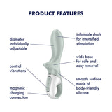 The product image features the Satisfyer Air Pump Booty 3, an inflatable anal vibrator with an adjustable shaft, customizable vibrations, magnetic USB charging, and a wide base for safety. Its smooth silicone surface is body-friendly and designed for effective anal training.