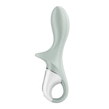 The Satisfyer Air Pump Booty 3, in grey, is a silicone anal vibrator with an ergonomic handle and sleek design. It features a curved body with a smooth, tapered tip for ease of use and offers multiple vibration settings. The handle includes a white circular grip for comfortable operation.