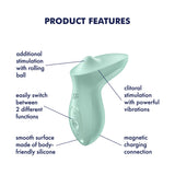 The Satisfyer Exciterrr in mint is an ergonomic lay-on vibrator with a rolling ball for extra stimulation. It features powerful vibrations, magnetic charging, body-friendly silicone, labeled features with arrows, and two switchable functions.