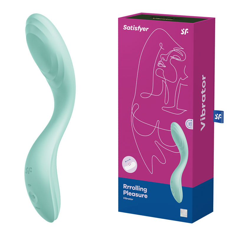 The image features a mint-green, curved G-spot vibrator named Satisfyer Rrrolling Pleasure - Mint USB Rechargeable Vibrator and its purple and turquoise packaging. The body-safe silicone box includes a face line drawing, the word Vibrator in white, and a small product illustration.